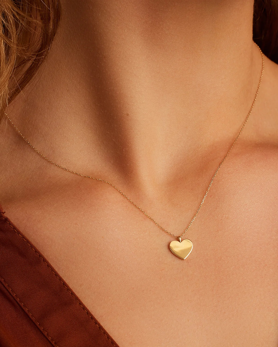 Woman wearing Heart Necklace || option::14k Solid Gold